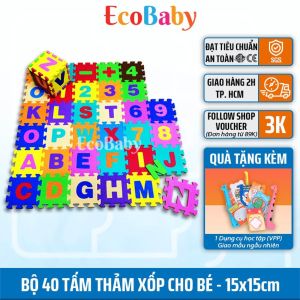 Bộ 40 tấm Thảm xốp cho bé vừa học vừa chơi chống va đập chống trơn nhiều màu sắc kích thước 15x15cm - 26 chữ cái 10 số và 4 phép tính - ECOBABY