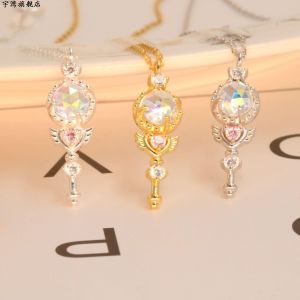 Pure Silver Necklace Fairy Magic Wand Key Princess Pendant Korean Style Childrens Accessories Anime Themed Jewelry for Girls