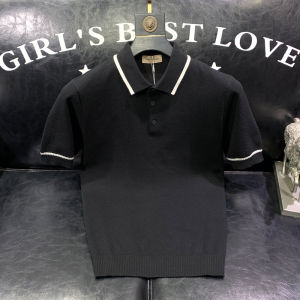 Summer New Style Mens Slim Fit Ice Silk Half Sleeve T-Shirt Knitted Short Sleeve Polo Shirt Fashionable Trendy Striped Collar
