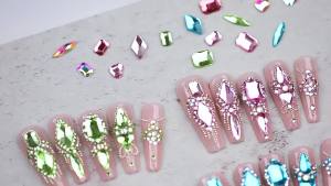 12Grids 3D Lake Blue Nail Rhinestones Mixed Round Heart Square Rhombic Nails Diamond for Summer Seaside Vacation Manicure Decor