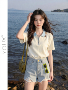 YOUXIANG | Áo Thun Polo Có Cổ Màu Đối Chọi