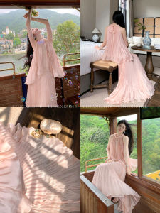 LINGQIAN | French Pink Summer Dress Set Halter Top Flared Skirt