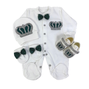 Footed Romper Newborn 0-9 Months 4 Piece Set White Green Crown Bow Prince Royal Boutique Baby Shower Gift With Hat Mittens Shoes