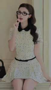 Váy dáng ngắn phối cổ sen hoạ tiết chấm bi thắt nơ eo điệu đà nữ tính NEWFASHION99