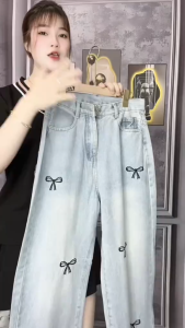 YOK_ Quần Jean street styler quần Jean phong cách Y2K ống suông lưng cao họa tiết nơ đen xinh wash sáng