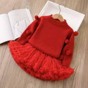 LEMON girls sweater Christmas skirt childrens clothing round neck bottoming fleece thickened princess skirt two-piece set fluffy skirt autumn and winter set