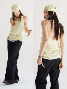 TheLight2025 Spring Summer New Printed Lace Trim Belted French Hanging Neck Backless Strap Vest Original Design Slim Fit Polyester