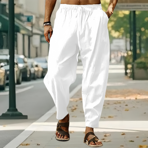 Nam Vải Lanh Cotton Quần Âu Màu Trơn Thoáng Khí Dạo Phố Rời Thẳng Dây Rút Quần Baggy Nhẹ Quần Thể Thao