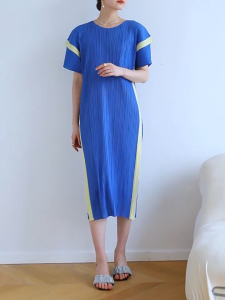 3591 Miyake Pleated Rustic Style Round Neck Dress Summer Commuter Casual A-Line Dress One Size (45-75kg)