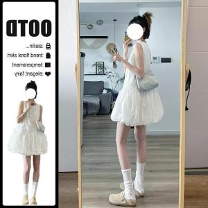 Váy Vest Không Tay Màu Trắng Cho Nữ Mùa Hè Dáng Rộng Thanh Lịch Váy Hoa Cạp Cao Chất Liệu Polyester Phong Cách Công Chúa