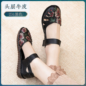 Comfortable Breathable Real Leather Sandals for Mom Summer Fashion Flat Bottom Hollow out Design Anti-Slip Elderly Women Shoes