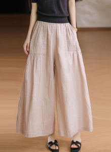 Summer 2025 Loose Cotton Linen Wide Leg Pants Womens High Waist Tuck Fold Simple Style Artistic Nine Points Skirt Pants
