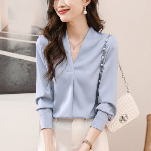REHIN French Satin V-Neck Long-Sleeve Shirt - Elegant Officewear for Autumn/Winter  Womens Blouse
