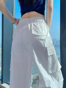 Quần Dài Công Sở Màu Trắng Cho Nữ Mùa Hè Mỏng Cạp Cao Quần Dài Thể Thao Rộng Rãi Phong Cách Mỹ Quần Dài Thường Ngày