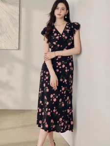 Roey s house | French Print V-neck Flutter Sleeve Slim Fit Mid Length Dress