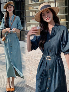 Slim Fit Summer Denim Dress Womens Casual Shirt Long Dress Waist Cinching Thin Cotton Polyester Blend H Version Lantern Sleeve