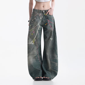 zuocisankon | American Street Style Chain Print Designer Jeans