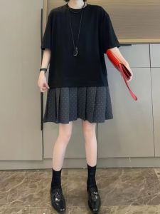 French Vintage Polka Dot Pleated Summer Dress Womens plus Size Cover Hip Short Sleeve High Waist A-Line Cotton Blend Dress