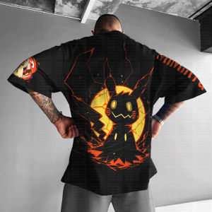 Bandai | Summer 2026 New Pokemon Pure Cotton T Shirt Mimikyu Back Print Orange Crack Effects Yellow Circle Design Loose Casual