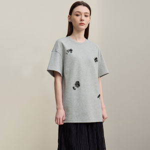 AMII | Round Neck Drop Shoulder Beaded Floral Print T-Shirt Women Air Layer