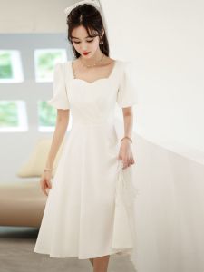 ชุดเดรสยาวเอวกลาง กระโปรงทรงเอ แขนสั้น คอเหลี่ยม ผ้าโพลีเอสเตอร์ ทรงเข้ารูป สวมใส่ได้ทุกวัน หรูหรา สง่างาม ฤดูใบไม้ผลิ 2025