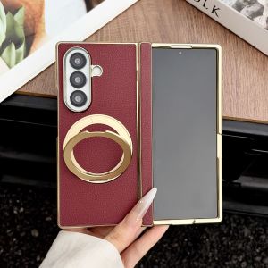 360° Magnetic Ring Stand Lychee Texture PU Leather Case for Samsung Z Fold 8 Ultra 7 for MagSafe Hinge Protection Anti-Drop Case