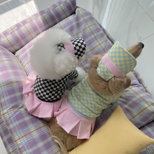 DY ชุดเล่นเทนนิสสำหรับสุนัขพุดเดิ้ลแบบเกาหลีหมวกสัตว์เลี้ยงปรับได้สำหรับเสื้อคอปกลายตารางหมากรุกมอลตา