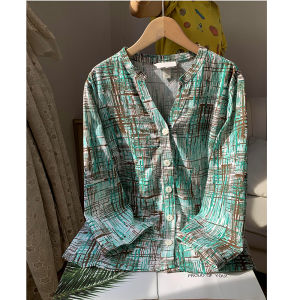 เสื้อเชิ้ตผู้หญิงแขนยาวคอวีแขนยาวเก้าส่วนผ้าลินินสไตล์อเมริกันย้อนยุคลำลองฤดูใบไม้ผลิและฤดูใบไม้ร่วง