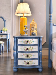 American-Style Country Bedside Table Storage Cabinet Bedside Cabinet Corner Cabinet Solid Wood Four-Bucket Cabinet Minimalist Blue Painted European-Style