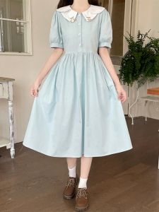 Mori College Style Doll Collar Dress Girl Summer Clothes Junior High School Students Age Reduction Sweet Waist Trimming Mid-Length Skirt