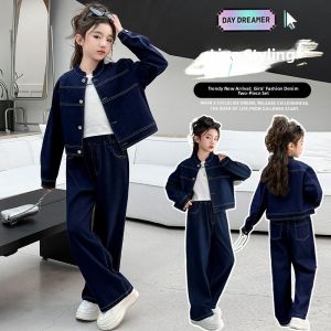 MPW | Girls Casual Denim Jacket and Pants Set High-End Spring Autumn Style Slimming Two-Piece Outfit For Ages 3-14