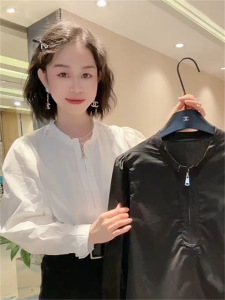 European Station Elegant Simple and Fashionable Half Zipper Shirt Womens Autumn New Arrival Fancy Loose-Fitting Versatile Blouse Tops