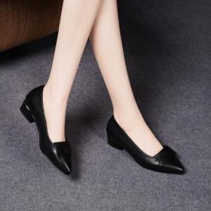 New Spring Womens Pointed-Toe Chunky Heel Pumps Soft Leather Low-Heel Work Shoes Minimalist Versatile Black Commuting Shoes