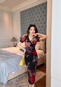 ZY·HT 2024 Summer New Dress Womens Retro Letter Printing V-Neck Slim Wrap Hip Casual Vintage Dinner Dress 20104 eravogue