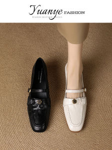Yuanye Soft Mist French Style Genuine Leather Mary Jane Flat Heel Womens Shoes Square Toe Fashionable Casual Footwear