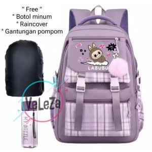 Tas Ransel Anak Perempuan Labubu Tas Sekolah Anak Free botol minum raincover dan gantungan pompom tas ransel