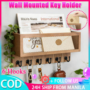 Wall Mounted Key Holder Wood Key Organizer With 6 Wall Hooks Multi-Functional Behind Door Hooks Mail Storage Basket Organizer House Key Holder Home Decor For Home Bedroom Fridge Kitchen