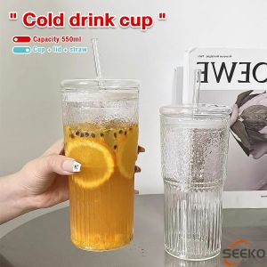 Seeko 550ml Creative Glass Water Cup with Straw and Lid Juice Milk Tea Coffee Cold Drink Mug