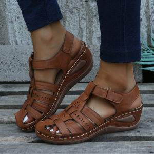 Cut-out Round Toe Platform Sandals Women's Wedge Velcro Medium Old and Young Beach Sandals