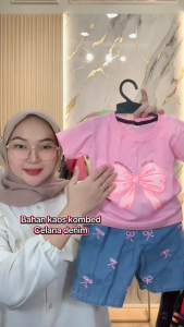 Setelan Jeans Denim Motif Pita dengan Kaos Lengan Panjang untuk Anak Perempuan Usia 1-5 Tahun