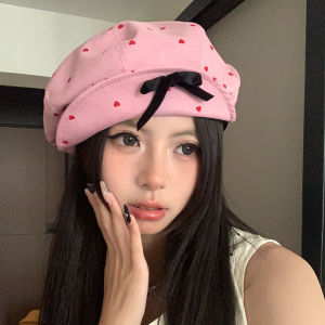Sweet Heart Butterfly Knot Beret Hat Womens Spring Autumn Large Head Size Face Slimming Cloud Cap Korean Versatile Octagonal Hat Trendy