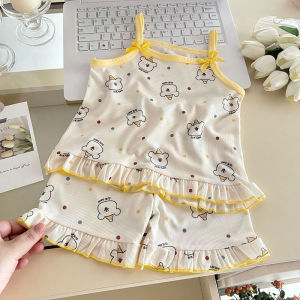 New Summer Kids Homewear Set 1-7T Sweet Floral Girls Camisole + Shorts Cartoon Bear Children Household Clothes