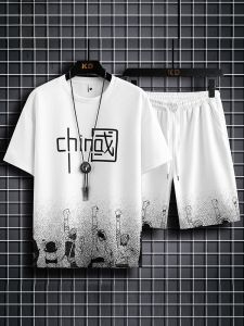 ROMON | Lormen Mens Short Sleeve T-Shirt Set Summer Thin Ice Silk Quick Dry Casual Sport Shorts Two Piece Set Fashion Urban Style Round Neck