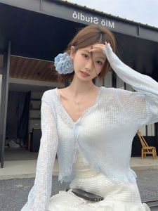 Blue V-neck Lace Trim Ice Silk Sun Protection Cardigan Womens Summer Thin Outer Match Shawl Air Conditioning Shirt Small Waistcoat Blouse