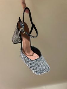 Elegant Crystal Rhinestone High Heels Sandals Womens Summer Thick Heel Square Head Cool Shoes Rubber Material