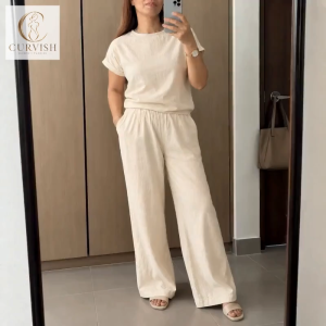 NOVA COTTON LINEN TERNO SET FOR WOMEN | SHORT SLEEVE TOP & WIDE LEG PANTS | CASUAL OUTFIT | 120 GSM | S-M TO 2XL-3XL