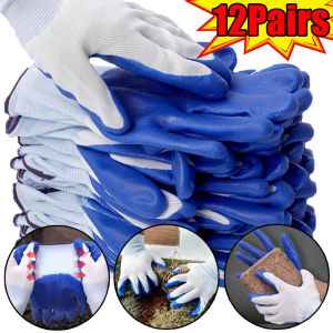 12 Pairs Nylon Spandex Safety Anti-cut Gloves All Elastic Polyester Nitrile Grip Rubber Gloves Comfortable Anti-slip Safety Work Gloves Heavy Duty Oil Resistant Garden Gloves
