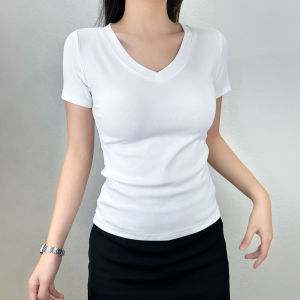 สลิมฟิต เสื้อยืดแขนสั้นผู้หญิง ฤดูร้อน คอวี เอว เสื้อชั้นฐาน Cinched สไตล์เกาหลี เดินทางสีบริสุทธิ์ ลำลอง เสื้อท่อนบน