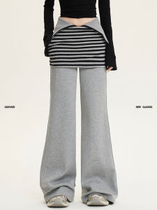 กางเกงขายาวทรงหลวมสีเทาลายทางสไตล์อเมริกันย้อนยุคสำหรับฤดูใบไม้ร่วงและฤดูหนาว กางเกงขายาวทรงหลวมสไตล์ย้อนยุคจาก Buleng แบรนด์จีน