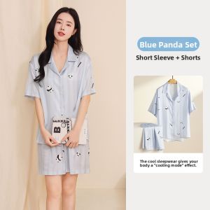 miiow | Womens Ice Silk Sleepwear Short Sleeve Home Clothes Set Summer Thin New High Sensation Cat Person Cartoon Cute Style Short Pants